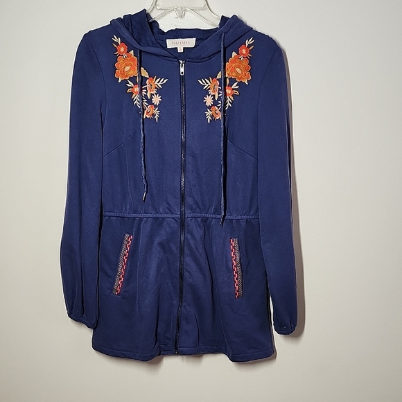 Solitaire Women's Blue Embroidered Full Zip Jacket Cinched Waist Hood Pockets Sm - Picture 1 of 10
